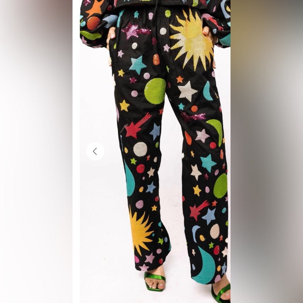 New! QUEEN OF SPARKLES Black Wide-Leg Multi Galaxy Pants